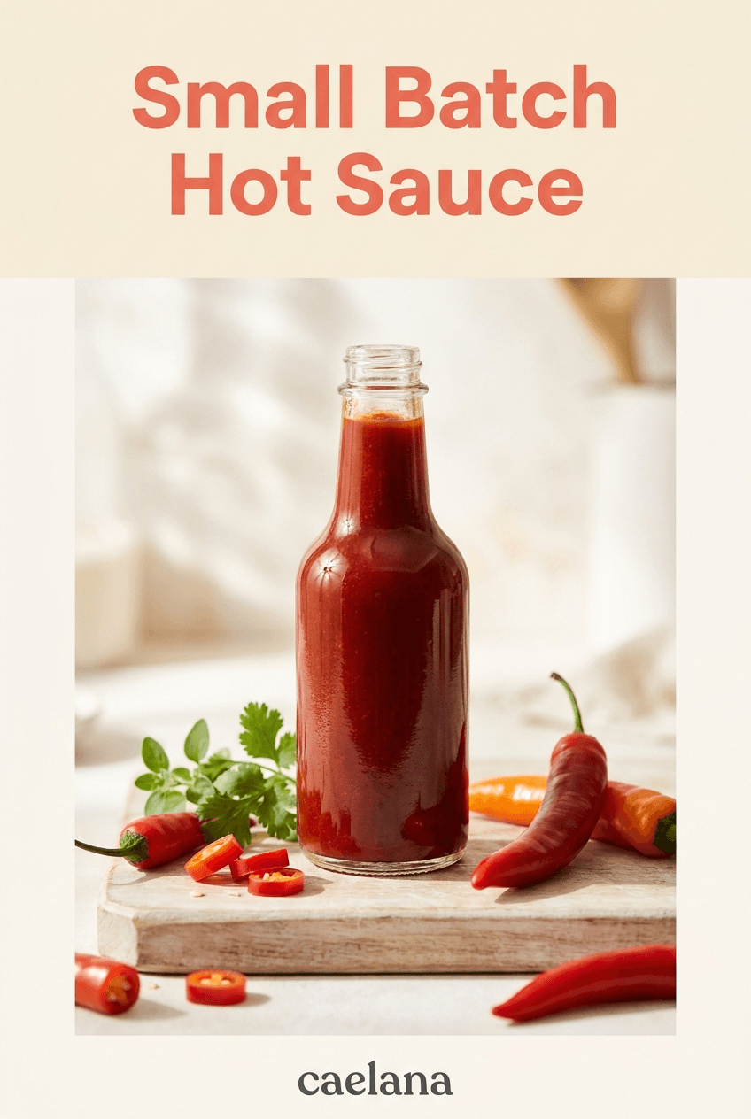 Pinterest pin for a bottled hot sauce, headlined “Small Batch Hot Sauce”