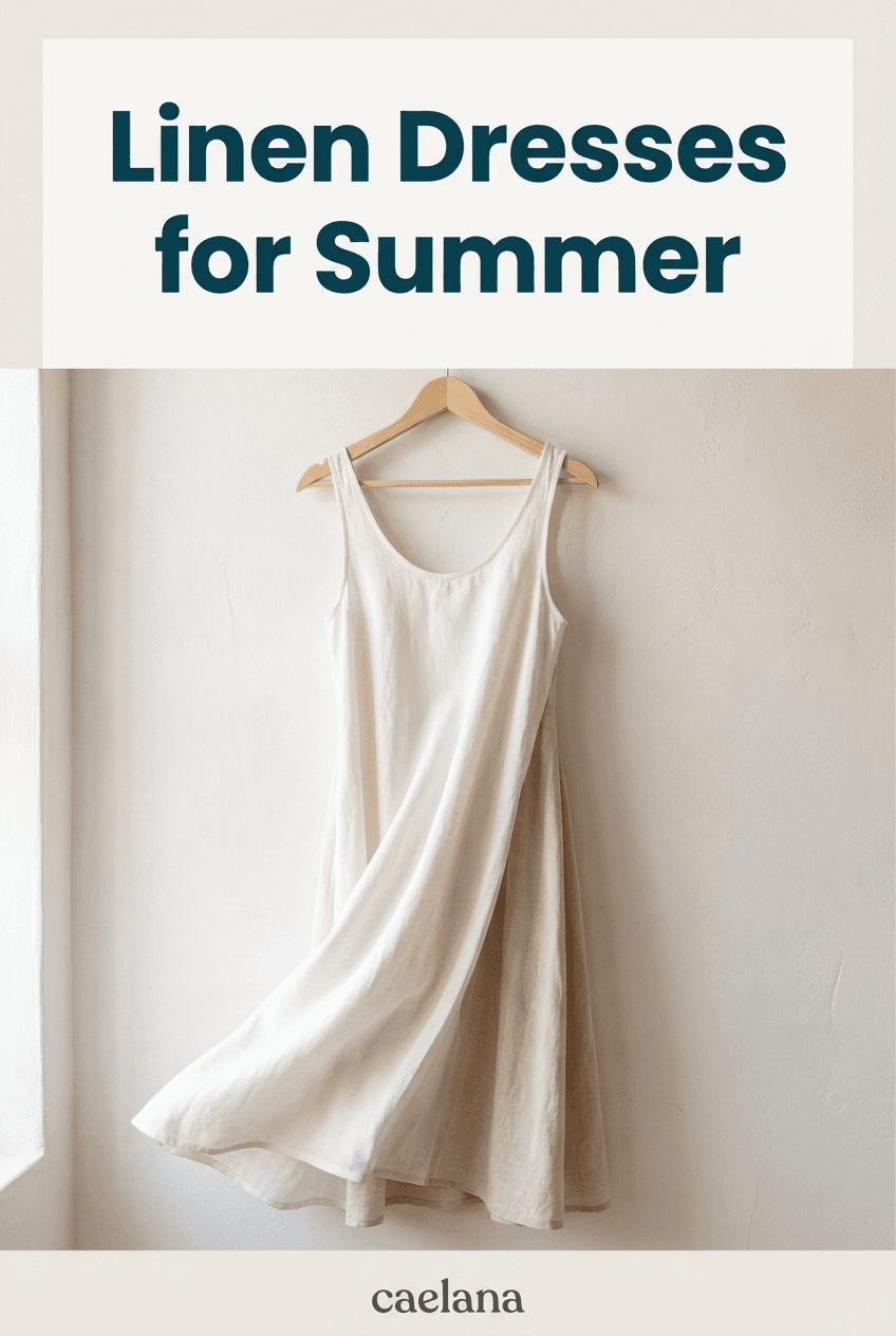 Pinterest pin for a linen summer dress on a hanger, headlined “Linen Dresses for Summer”