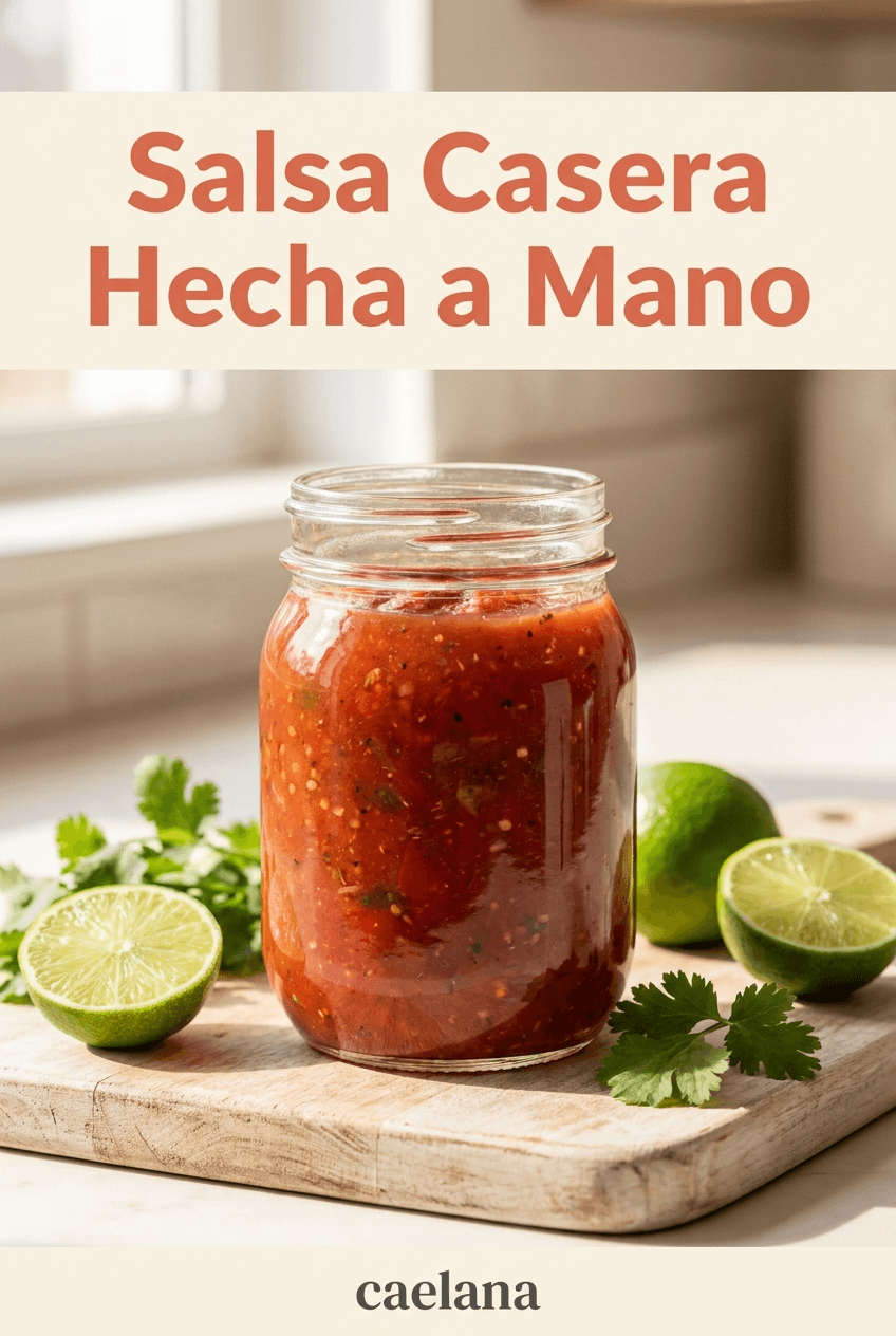 Spanish-language Pinterest pin for a jarred salsa, headlined “Salsa Casera Hecha a Mano”
