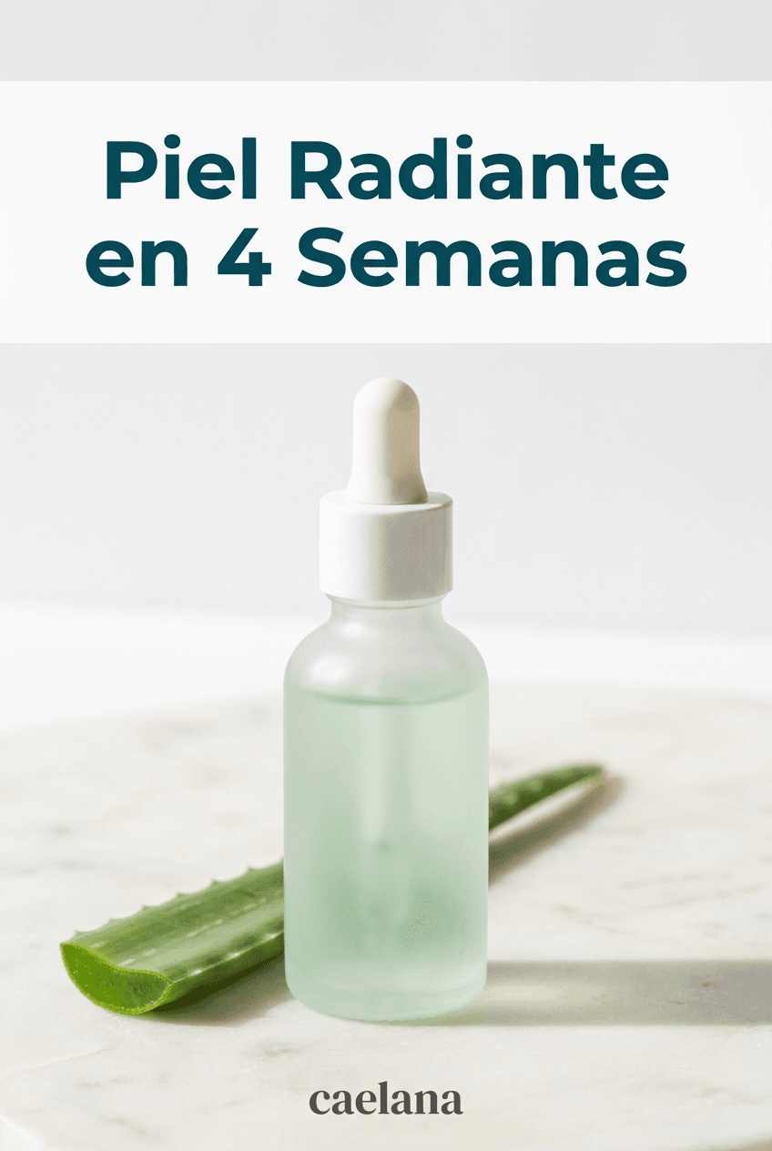 Spanish-language Pinterest pin for a facial serum, headlined “Piel Radiante en 4 Semanas”
